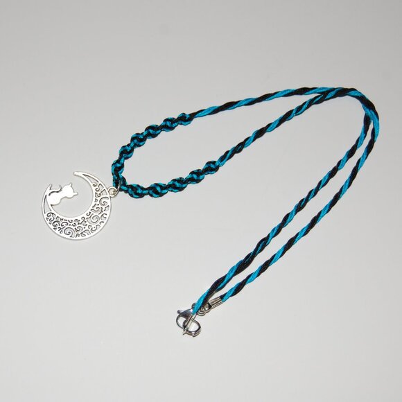 Moon and Cat Necklace,Braided Cord,Colorful Necklace,Bicolor Cord Necklace - Picture 2 of 3